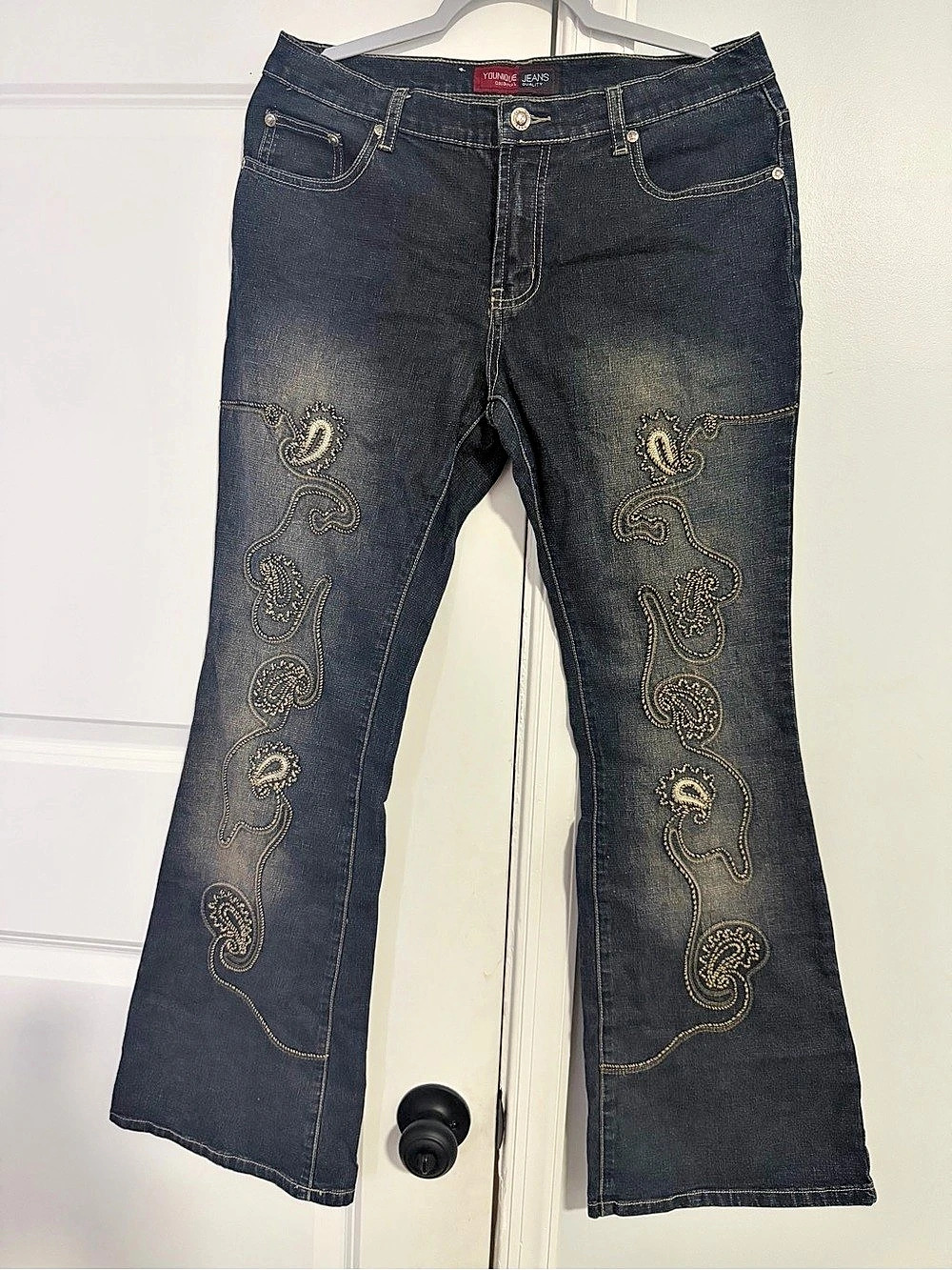 Younique Embroidered Boot Cut Jeans in Blue